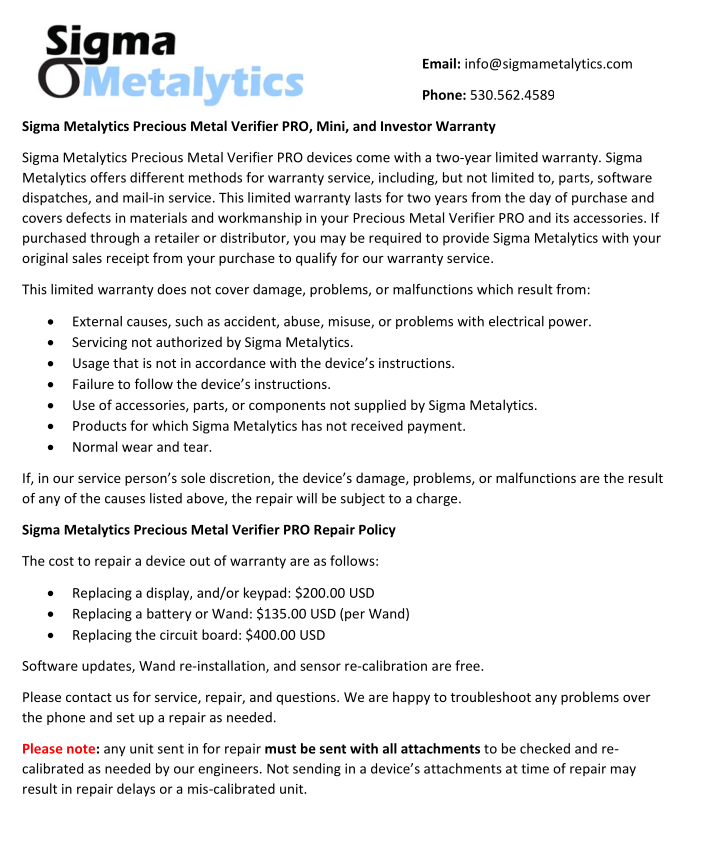 Sigma Metalytics Investor Warranty