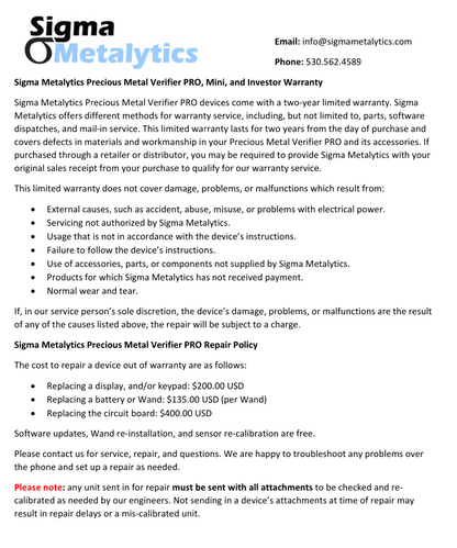 Sigma Metalytics Investor Warranty